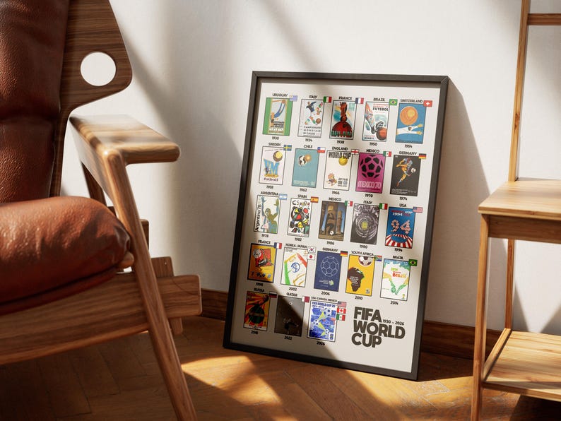 May include: A framed poster featuring FIFA World Cup posters from 1930 to 2026. The posters are arranged in a grid, each showcasing unique designs and colors. The frame is black, and the poster is leaning against a wall.