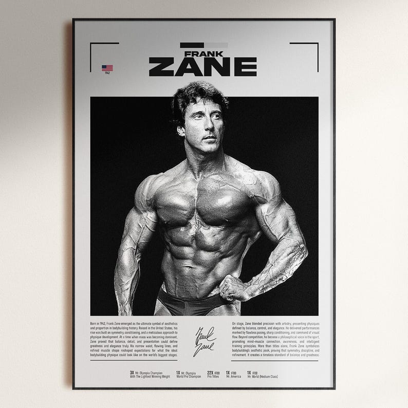 May include: Black and white poster featuring Frank Zane, a bodybuilder, with the name "FRANK ZANE" in bold letters. The poster includes text detailing his achievements and a signature. The image is framed in black.