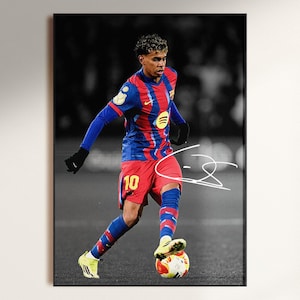 May include: A framed action shot of a soccer player in a red, blue, and gold jersey with the number 10. The player is dribbling a soccer ball on a field. The background is a black and white stadium scene.