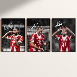 Conjunto de 3 pôsteres autografados: Kane, Olise, Luis Diaz, pôster de futebol autografado, decoração de futebol, download digital