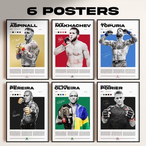 Può includere: Sei poster incorniciati con combattenti UFC, ognuno con un ritratto, nome e firma. I poster hanno uno sfondo bianco con accenti colorati e sono etichettati "6 POSTERS" nella parte superiore.
