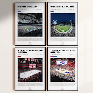 Zestaw plakatów na stadion Detroit Sport, Lwy, Tygrysy, Red Wings, Pistons, Dekoracje na stadiony Detroit, Sztuka ścienna na stadion, Pobieranie cyfrowe