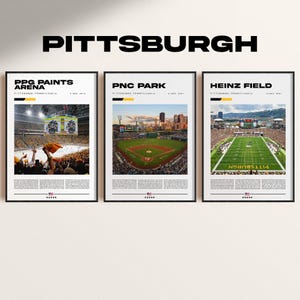 Conjunto de pósteres de estadios deportivos de Pittsburgh: Steelers, Pirates, Penguins, decoración de estadios de Pittsburgh, arte mural de estadios, descarga digital.