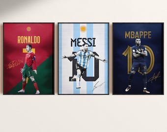 Football Legends Bundle of 3: Cristiano Ronaldo, Lionel Messi, Kylian Mbappe, Football Posters, Soccer Wall Art, Digital Download