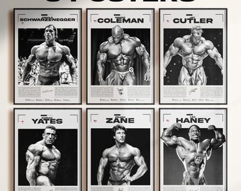 Mr. Olympia Bodybuilder Legends Poster: Arnold Schwarzenegger, Ronnie Coleman, Jay Cutler, Dorian Yates, Frank Zane, Lee Haney, Gym Posters