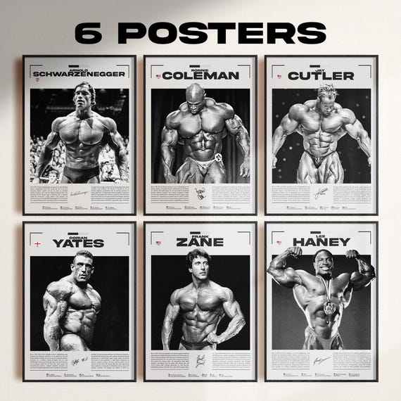 Mr. Olympia Bodybuilder Legends Poster: Arnold Schwarzenegger, Ronnie Coleman, Jay Cutler, Dorian Yates, Frank Zane, Lee Haney, Gym Posters