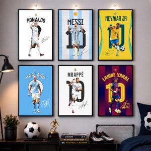 May include: Six rectangular wall posters featuring professional football players Ronaldo, Messi, Neymar Jr, Haaland, Mbappé, and Lamine Yamal. Each poster displays the player's name, a large jersey number, a full-body action shot, and a printed signature.