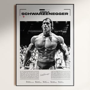 May include: Black and white poster featuring Arnold Schwarzenegger in a bodybuilding pose. The poster includes the name "Arnold Schwarzenegger" at the top, along with text detailing his achievements and a signature. The image is framed in black.