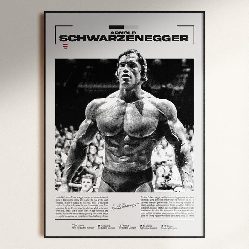 May include: Black and white poster featuring Arnold Schwarzenegger in a bodybuilding pose. The poster includes the name "Arnold Schwarzenegger" at the top, along with text detailing his achievements and a signature. The image is framed in black.