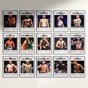 May include: A collection of fifteen rectangular posters featuring professional mixed martial arts fighters. Each poster displays a photograph of a fighter, their name in bold black text, a small national flag, and a printed signature at the bottom.