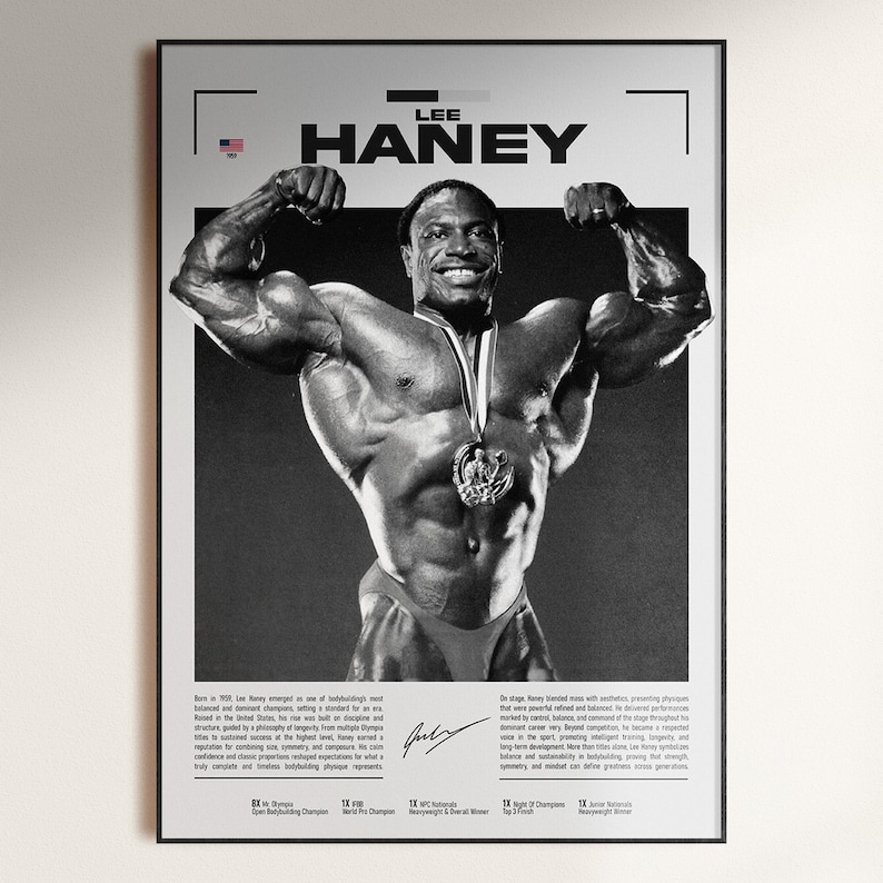 May include: Black and white poster featuring bodybuilder Lee Haney flexing his muscles. The poster includes the text "LEE HANEY" at the top, a small American flag, and details about his achievements. A signature is visible at the bottom.
