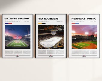 Boston Sports Stadium Poster Set, Patriots, Bruins, Red Sox, Boston Stadiums Decor, Stadium Wall Art