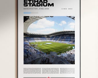 Etihad Stadium-affisch, Manchester City FC-affisch, Etihad Stadium-väggkonst, Man City-dekor, fotbollspresent, digital nedladdning