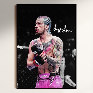 May include: A framed poster featuring a mixed martial artist in a fighting stance. The athlete has colorful braided hair, tattoos, and is wearing black gloves and pink shorts with the UFC logo. The background is black and white, with a signature in white.