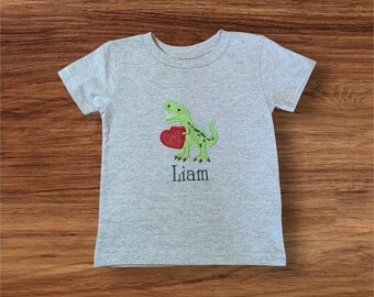 Kids Gender Neutral Embroidered Heart Valentine Dino Shirt