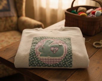 Spring Quilt Patch Crewneck • Pastel Patchwork Sweatshirt • Cozy Appliqué Pullover