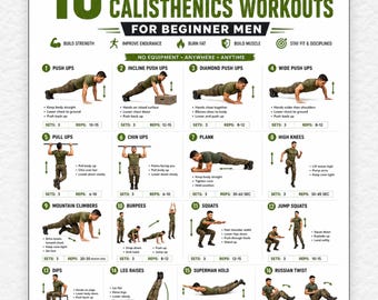 Plano de treino de calistenia militar para imprimir | 16 exercícios com o peso do corpo para iniciantes | Treino em casa sem equipamento (PDF) | Pôster de condicionamento físico do Exército