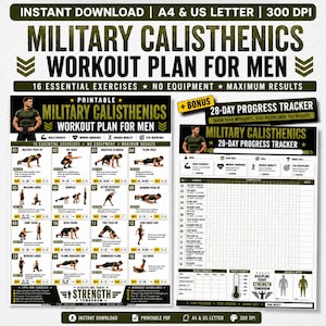May include: A printable military calisthenics workout plan featuring 16 essential exercises with illustrations and instructions, alongside a 28-day progress tracker. The document includes text headers, exercise lists, and goal-setting sections.