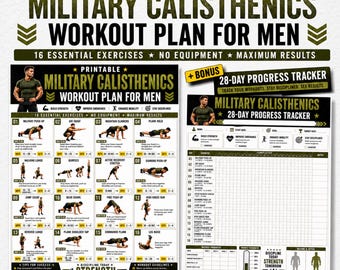 Military Calisthenics Workout Plan for Men, 16 Bodyweight Exercises, Full Body Bootcamp Fitness Chart, Strength Training Poster PDF