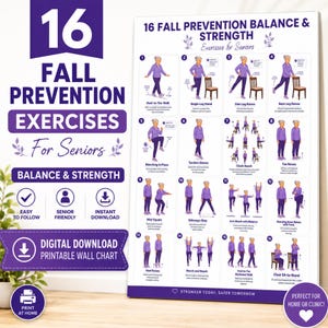 Puede incluir: Un póster de pared imprimible morado y blanco con 16 ejercicios de prevención de caídas para personas mayores. El póster incluye ilustraciones de ejercicios como caminar de talón a punta y sentarse en una silla. El texto incluye "Equilibrio y fuerza" y "Descarga digital".