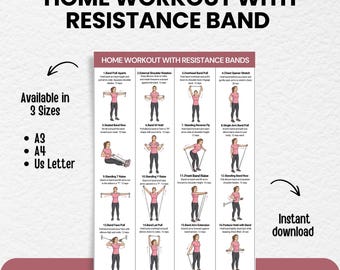 Resistance Band Workout Chart Printable PDF, Full Body Home Exercise Guide for Women, 16 Exercises Fitness Poster Download