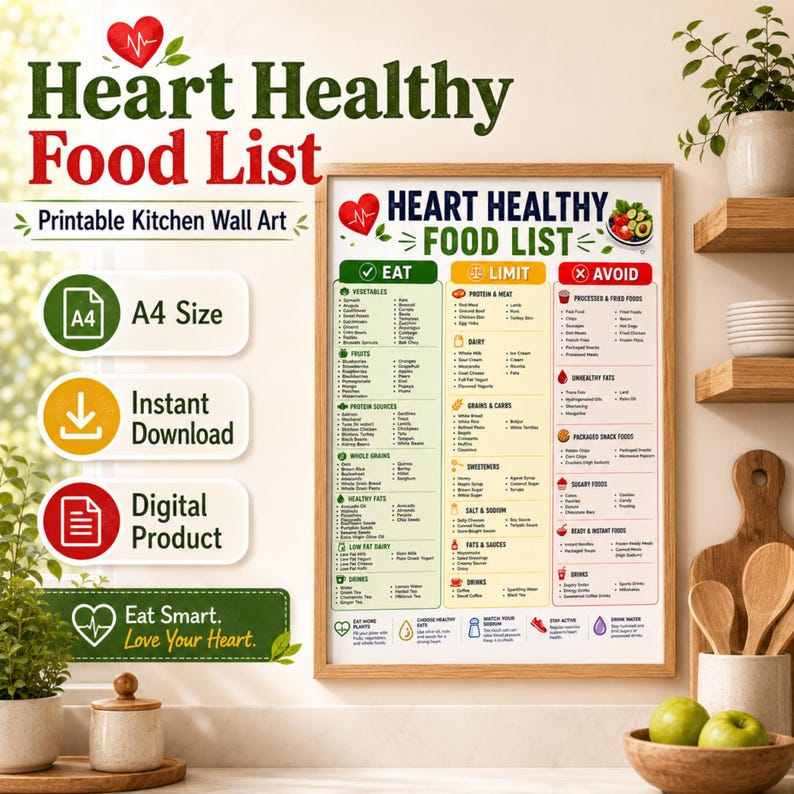 Heart healthy food list printable kitchen wall art mockup with A4 size, instant download and digital product badges for healthy eating decor