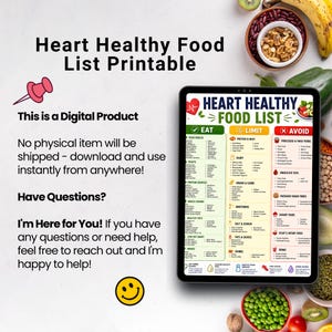 Digital product information image for heart healthy food list printable, no physical item shipped, instant download shown on tablet mockup