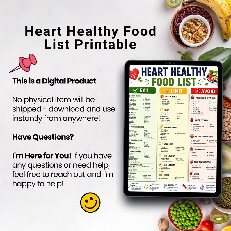 Digital product information image for heart healthy food list printable, no physical item shipped, instant download shown on tablet mockup