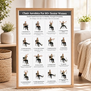 Chair Aerobics for 60+ Senior Women Framed Wall Chart — 16 Gentle Seated Exercises Printable Poster — Home Gym Workout Guide for Elderly Women — Mobility Strength Flexibility Exercise Print