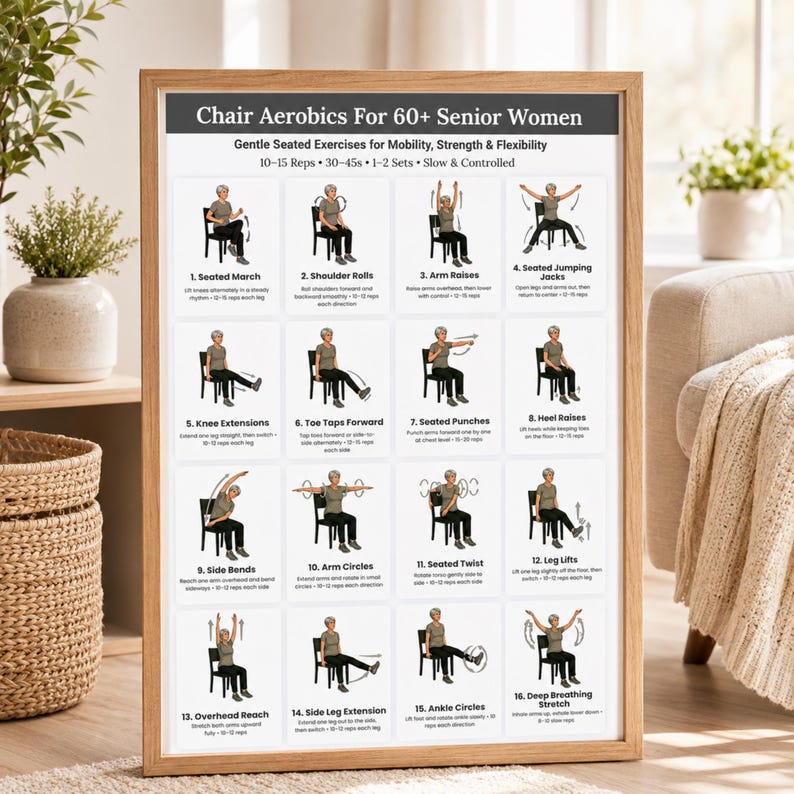 Chair Aerobics for 60+ Senior Women Framed Wall Chart — 16 Gentle Seated Exercises Printable Poster — Home Gym Workout Guide for Elderly Women — Mobility Strength Flexibility Exercise Print