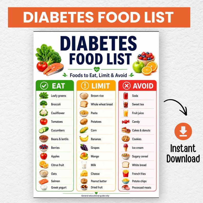 Diabetes Food List printable chart sorting foods to Eat, Limit and Avoid for type 2 diabetes and blood sugar control, low glycemic diabetic diet guide. Instant download PDF.