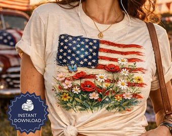 American Flag Floral PNG Patriotic Wildflower 4th of July Sublimation Shirt Design USA Independence Day Clipart Instant Download