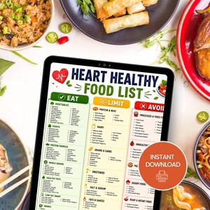 Heart healthy food list digital download shown on tablet with food background, printable healthy eating chart for meal planning