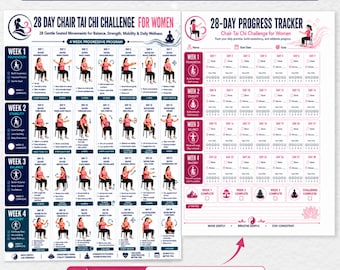 Desafio de Tai Chi na Cadeira de 28 Dias para Mulheres, PDF para Imprimir, Programa de Equilíbrio e Flexibilidade de 4 Semanas para Todos os Níveis, Pôster com Exercícios Diários Suaves