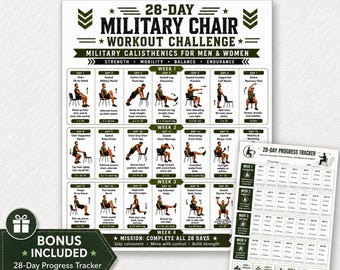 Treinamento de força militar sentado de 28 dias para homens e mulheres | Desafio de treino na cadeira (PDF para imprimir) | Treino caseiro de baixo impacto e sem equipamentos