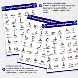 Two overlapping copies of the printable morning yoga routine guide. Text describes it as a beginner yoga poster with 16-30 poses to improve flexibility, boost energy, and support daily home workouts.
