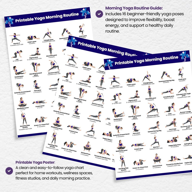 Two overlapping copies of the printable morning yoga routine guide. Text describes it as a beginner yoga poster with 16-30 poses to improve flexibility, boost energy, and support daily home workouts.