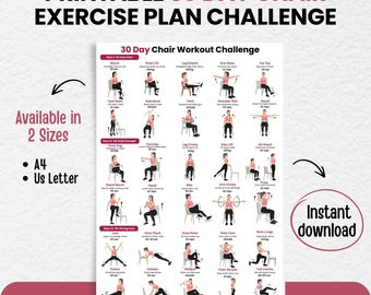 Póster del reto de entrenamiento en silla de 30 días / Tabla de ejercicios sentados imprimible para mujeres / Plan de fitness en casa de bajo impacto en PDF / Entrenamiento en la oficina