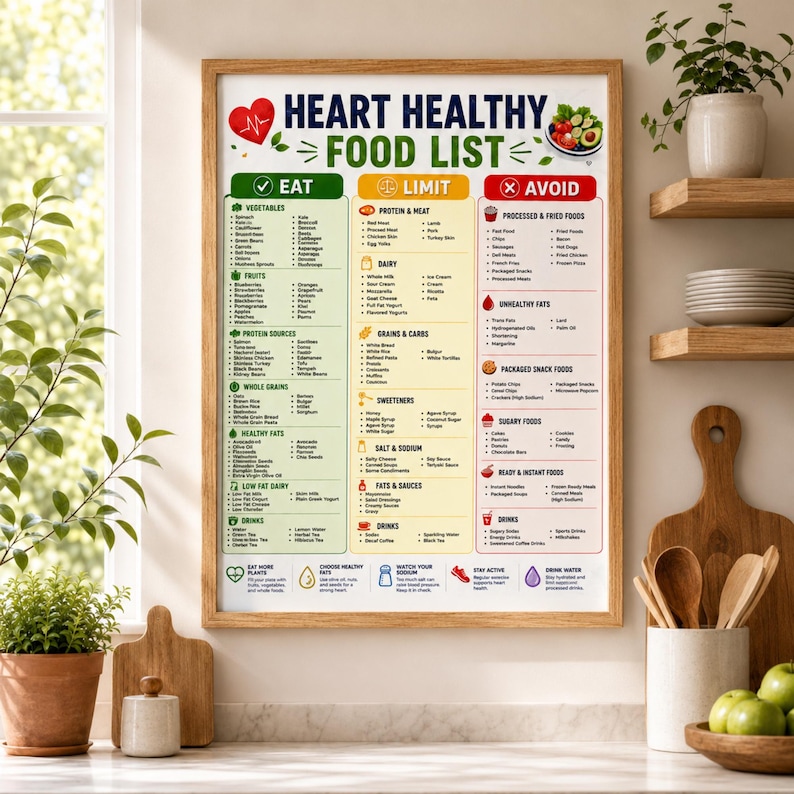 Framed heart healthy food list printable displayed in a bright modern kitchen, perfect for meal planning, healthy eating and kitchen wall art.