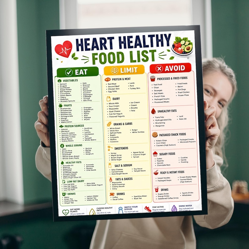 Heart healthy food list printable held in a black frame, clear nutrition wall art chart for healthy eating guidance and kitchen decor.