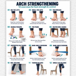 May include: An instructional chart titled ARCH STRENGTHENING featuring 12 numbered exercises for foot strength and control. The document includes text labels, illustrations of feet performing movements, and instructions for each exercise, marked as Instant Download A4 US Letter 300 DPI.