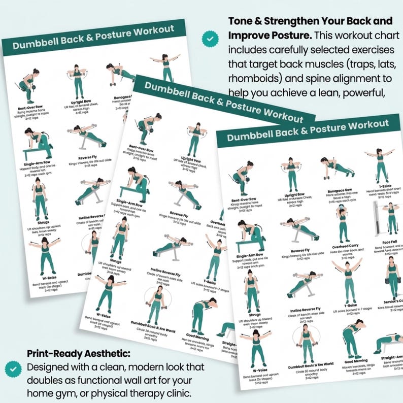 Dumbbell Back & Posture Workout Poster, Upper Back Exercises Chart for ...