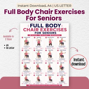 Printable full body chair exercise chart for senior women with instant PDF download in A4 and US Letter sizes