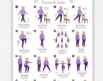 Exercícios de equilíbrio para prevenção de quedas para idosos | 16 exercícios de equilíbrio e estabilidade para imprimir | Pôster com 5 exercícios de equilíbrio para maiores de 45 anos | Treino em casa