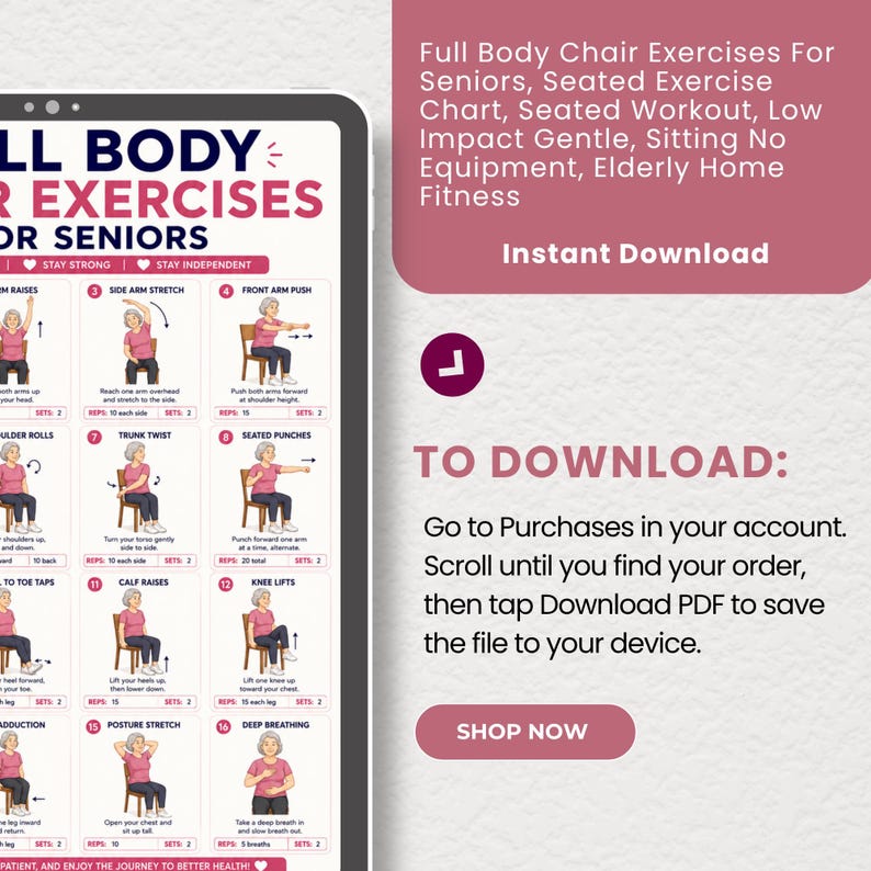 Chair exercises for seniors listing title graphic with instant download tablet preview and shop now button