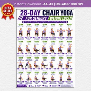28-Day Chair Yoga for Seniors Weight Loss | Seated Exercise Printable for Elderly & Beginners | Gentle Low Impact Balance | Mobility PDF