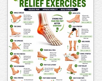 Exercícios para aliviar a dor nos pés (PDF para imprimir) | Alongamentos para fascite plantar | Tabela de fortalecimento dos pés | Terapia para dor no calcanhar | Tabela de mobilidade