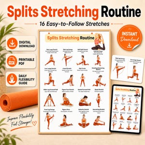 Könnte beinhalten: Ein gerahmtes Poster "Splits Stretching Routine" mit 16 leicht verständlichen Dehnübungen, einer orangefarbenen Yogamatte und einem Tablet mit der Routine. Enthält Optionen für "Digitaler Download" und "Druckbares PDF".