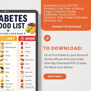Diabetes Food List PDF, Diabetic Diet Plan and Blood Sugar Friendly Foods chart with Eat Limit Avoid, instant download with simple download instructions.