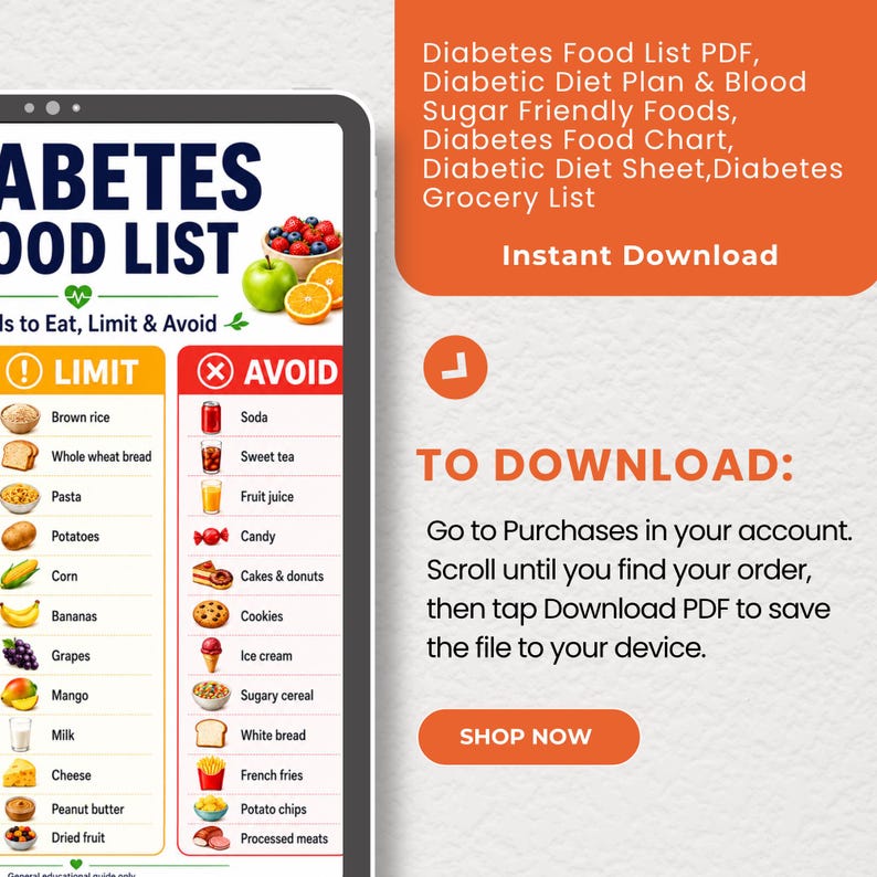 Diabetes Food List PDF, Diabetic Diet Plan and Blood Sugar Friendly Foods chart with Eat Limit Avoid, instant download with simple download instructions.